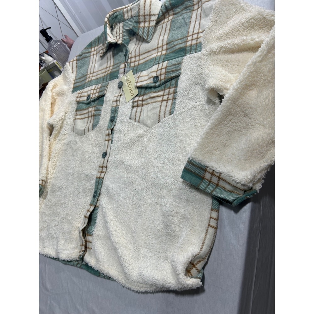 Utcoco Plaid Sherpa Fleece Shacket Large Teal Cream Button Front Jacket NWT‎
